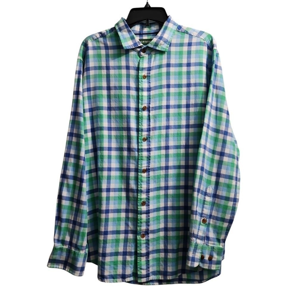Orvis Men's Active Fit Plaid Button-Down Shirt Green Blue‎ Checkered Large